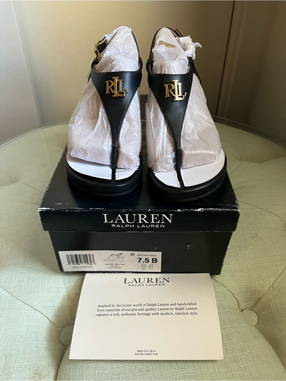 Lauren Ralph Lauren Black Faux Leather T-Strap Wedge Sandles Gold RLL Emblem